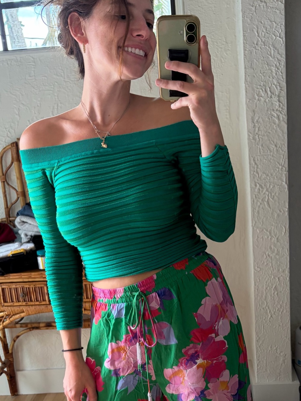 Pepa Pombo Green Ribbed Off Shoulder Crop Top Bell Sleeve One Size